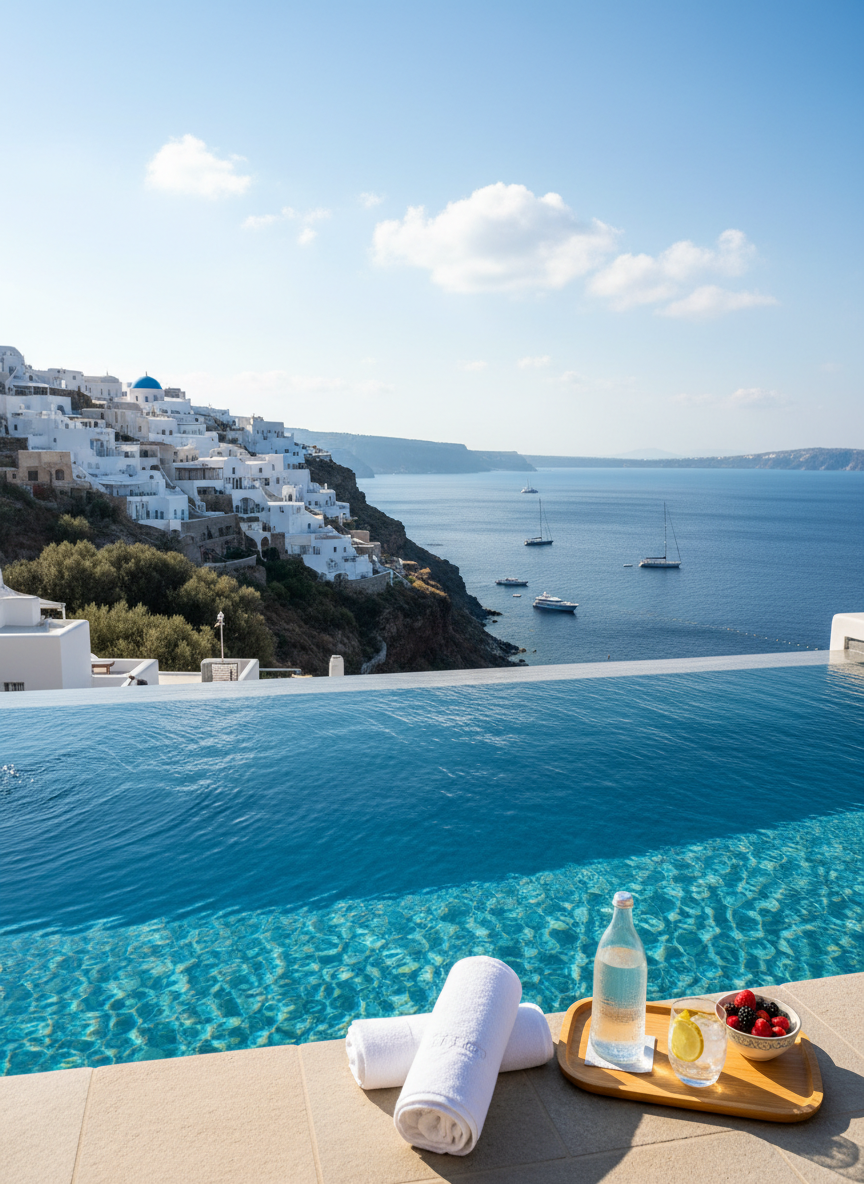 A sunlit Mediterranean coastal view from a private infinity pool terrace, overlooking whitewashed buildings cascading down a hillside to the deep blue sea, inspired by the Greek islands. At the pool’s edge, a soft, folded white towel and a polished wooden tray with mineral water and sliced citrus rest on smooth stone. The water reflects the clear sky in shimmering patterns. Late-morning natural light bathes the scene in clean, crisp brightness. Shot in photographic realism from a wide, slightly elevated angle, the composition emphasizes luxury, relaxation, and wellness-focused travel curated with meticulous attention to detail.