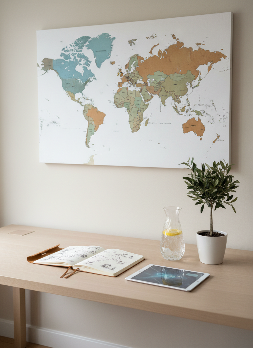 A minimalist, high-end travel planning workspace with a wide, light-wood desk against a clean, pale wall. A large world map in muted tones hangs above, while an open notebook filled with neat, hand-drawn itinerary sketches sits beside a slim tablet showing a blurred map interface. A crystal carafe of water with lemon slices and a small potted olive tree add freshness. Soft, overcast daylight from an unseen window spreads evenly, reducing harsh shadows. Photographic realism, shot from a slightly elevated angle with clear focus throughout, creates a calm, professional atmosphere that suggests meticulous, concierge-level trip planning.