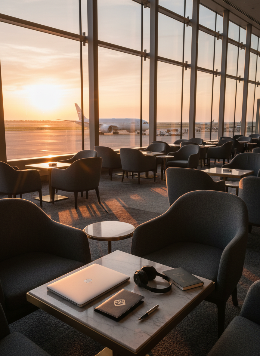 An expansive airport lounge scene without people, featuring plush charcoal-gray armchairs, small marble-topped tables, and floor-to-ceiling windows revealing a runway with a jet waiting in the distance. On a nearby table rests a closed silver laptop beside a leather passport holder and noise-canceling headphones, arranged with deliberate order. Golden hour sunlight streams in, casting warm reflections on the glass and subtle glows on the metal accents. Captured in photographic realism from a slightly elevated angle with sharp detail throughout, the mood is serene, efficient, and quietly luxurious, suggesting a professionally planned journey unfolding smoothly.