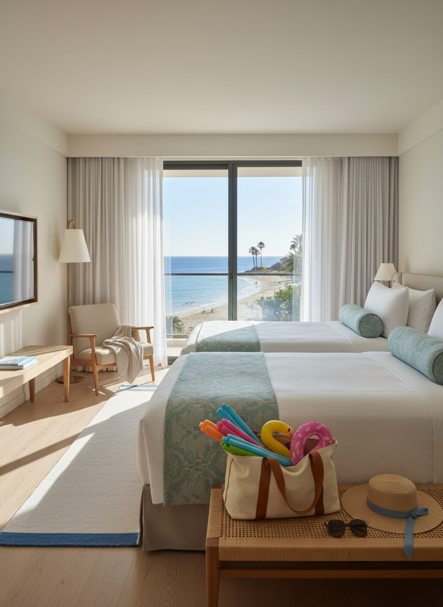 A spacious, modern hotel suite arranged for a family vacation, shown without any people. Two neatly made beds with crisp white linens and subtle coastal-blue accents face a large window framing a distant beach and turquoise water. On a low bench sits an open canvas duffel with colorful pool floats tucked inside, beside a straw beach hat and oversized sunglasses. Soft, diffused afternoon light filters through sheer curtains, creating a warm, welcoming glow. Photographic realism, captured at eye level with balanced composition and gentle depth, communicates comfort, ease, and thoughtfully organized, stress-free family travel.